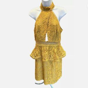 Like New ASOS Mustard Yellow Lace High Neck Peplum Cocktail Dress Size 4